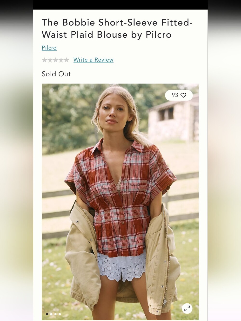 The Bobbie Short-Sleeve Fitted-Waist Plaid Blouse by Pilcro, XL